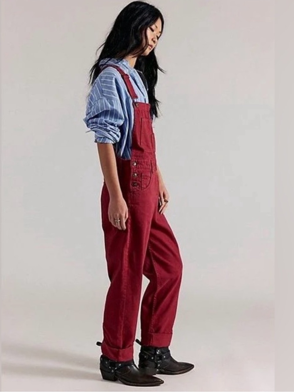 Free People We The Free Ziggy Denim Overalls Straight Leg Raspberry Red - Picture 4 of 12